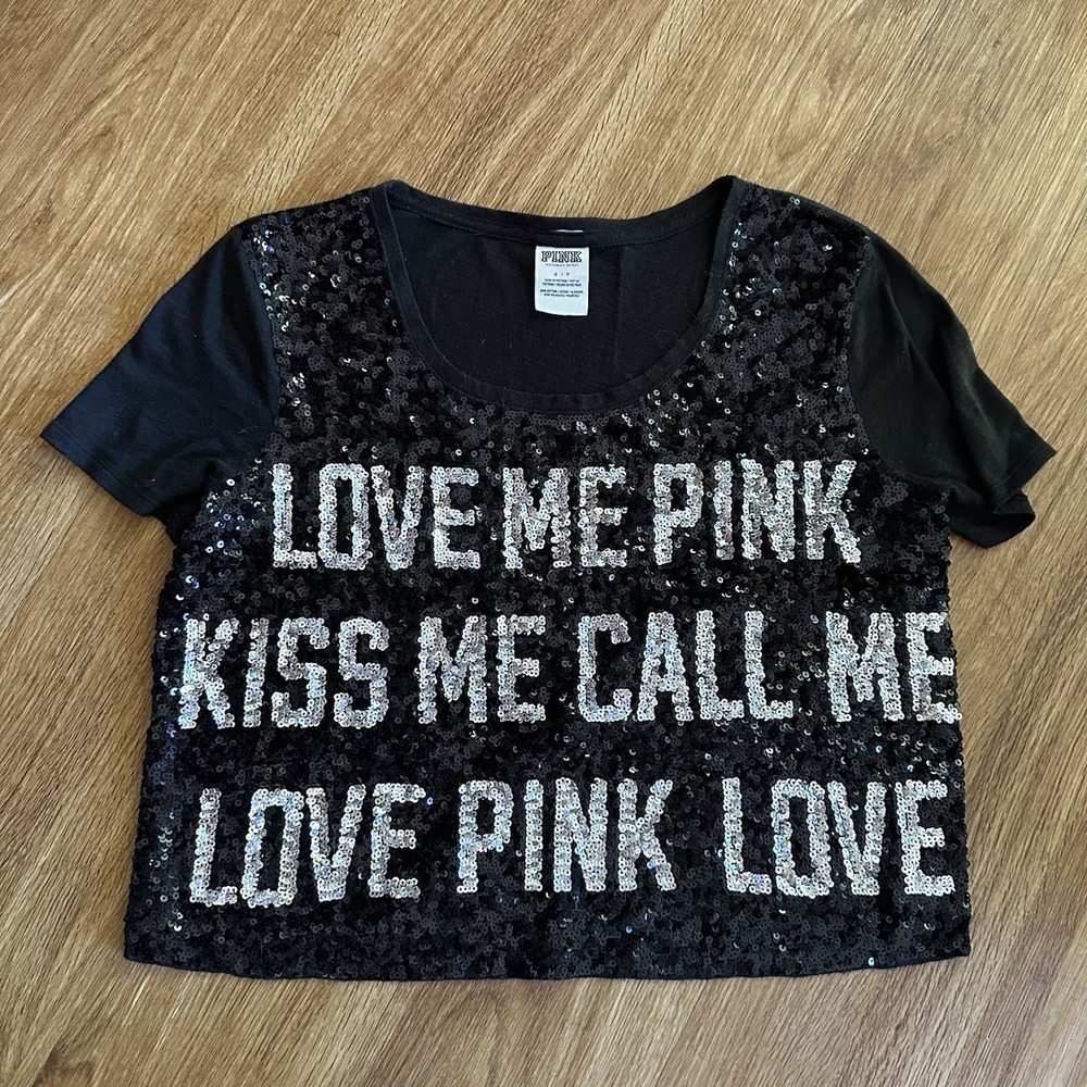 Vintage PINK Victoria's Secret Y2K Sequin Slogan Crop Top Black Silver Size S